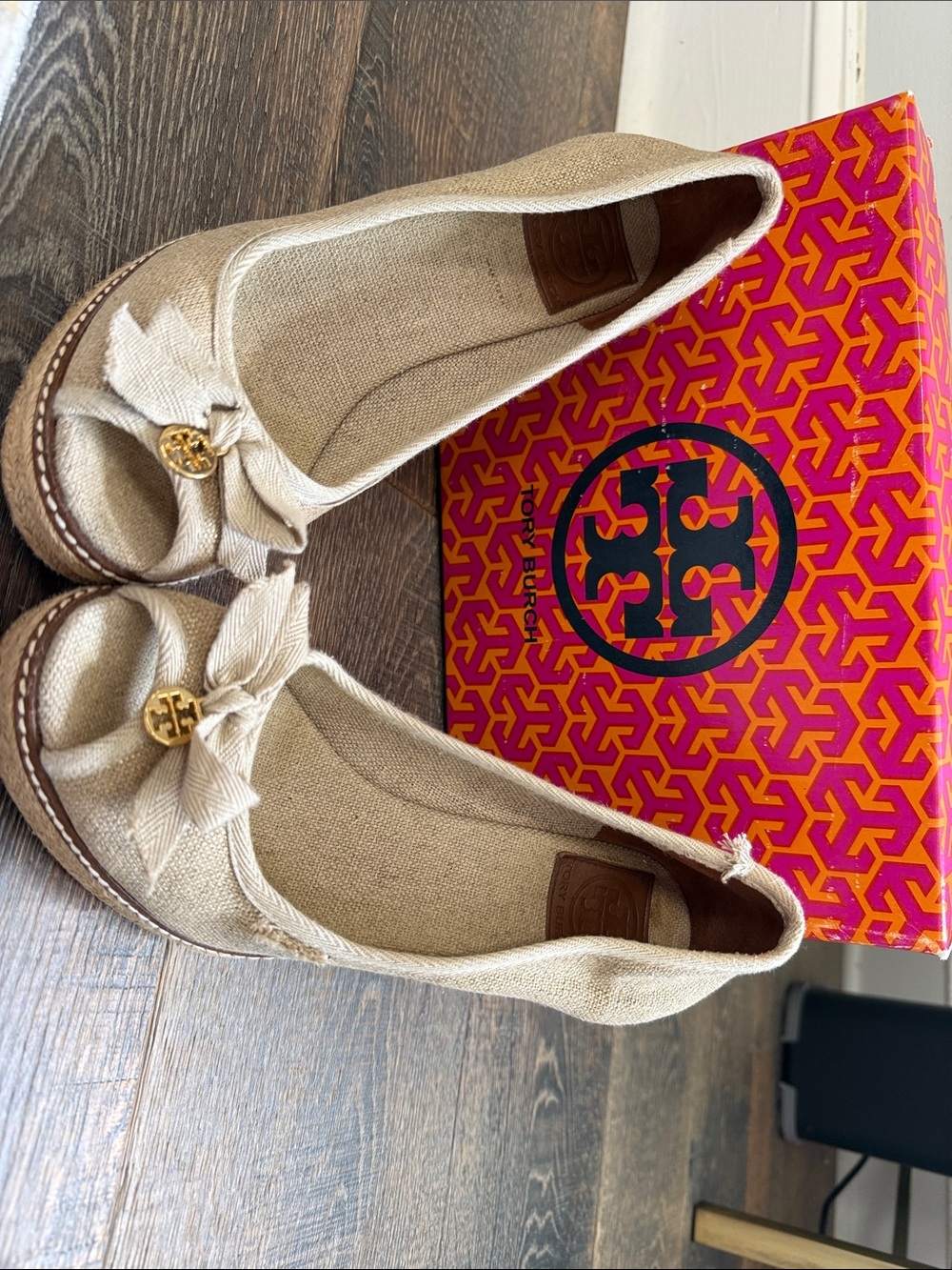 Tory Burch Natural Canvas Espadrille Flats with Gold Logo